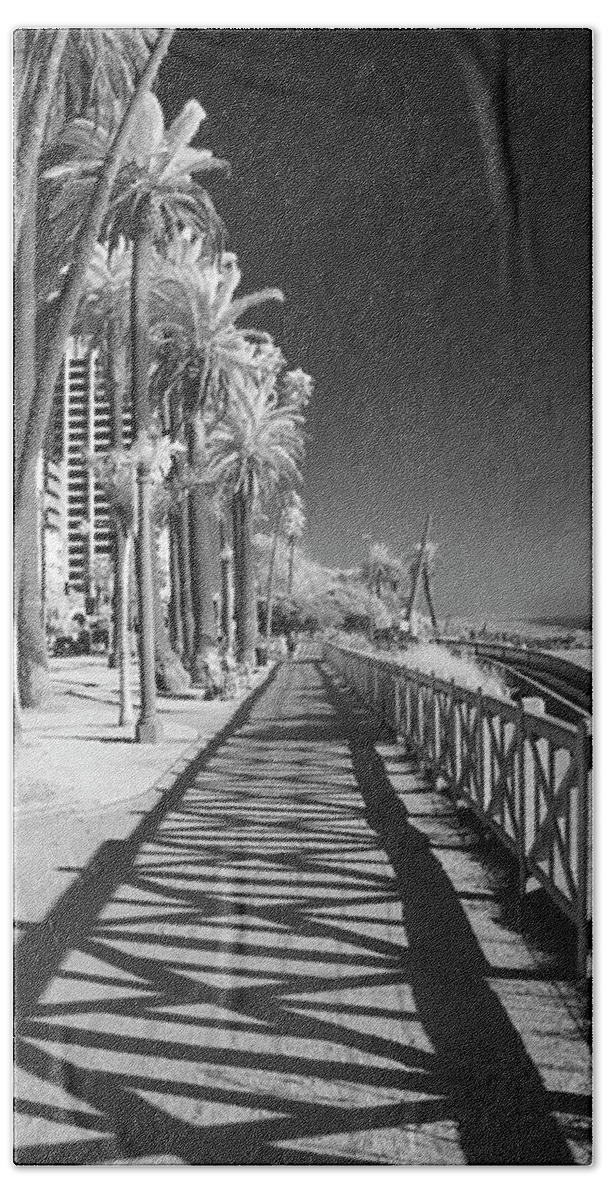 Black And White Photographs Beach Towel featuring the photograph Santa Monica Shadows and Palms by Sean Davey