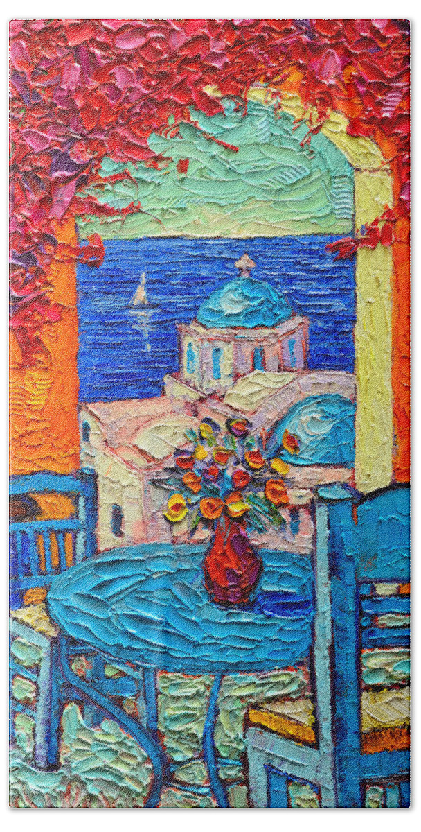 Greece Beach Towel featuring the painting Santorini Dream Greece Contemporary Impressionist Palette Knife Oil Painting By Ana Maria Edulescu by Ana Maria Edulescu