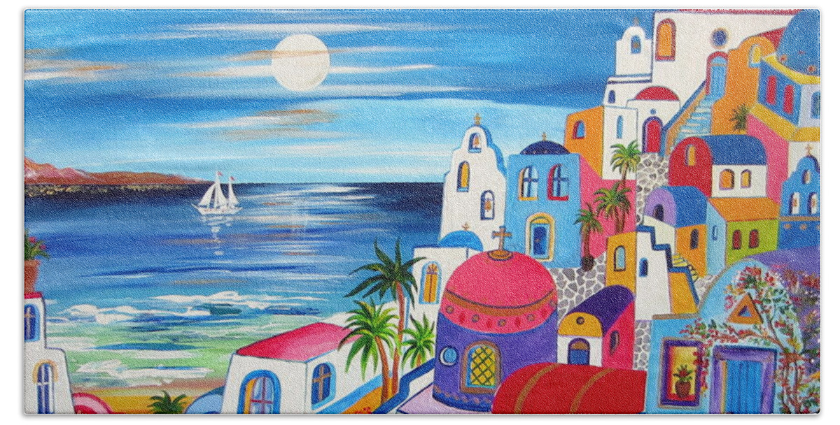 Greek Islands Beach Towel featuring the painting Santorini Moonlight Fantasy by Roberto Gagliardi