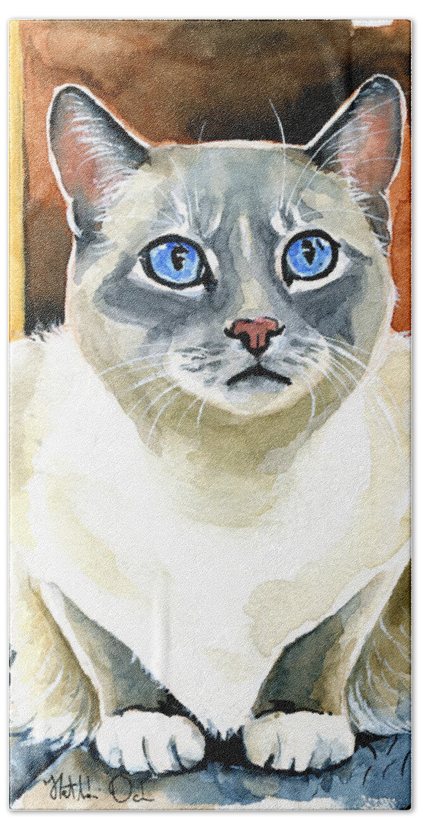 Cat Beach Towel featuring the painting Sapphire Eyes - Snowshoe Siamese Cat Portrait by Dora Hathazi Mendes