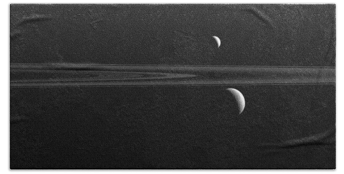 Science Beach Towel featuring the photograph Saturns Moons, Enceladus And Rhea by Science Source