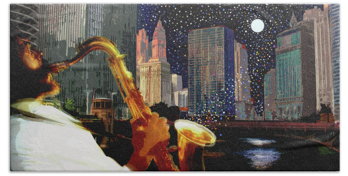 Jazz Beach Towel featuring the digital art Sax in the City by Joe Roache