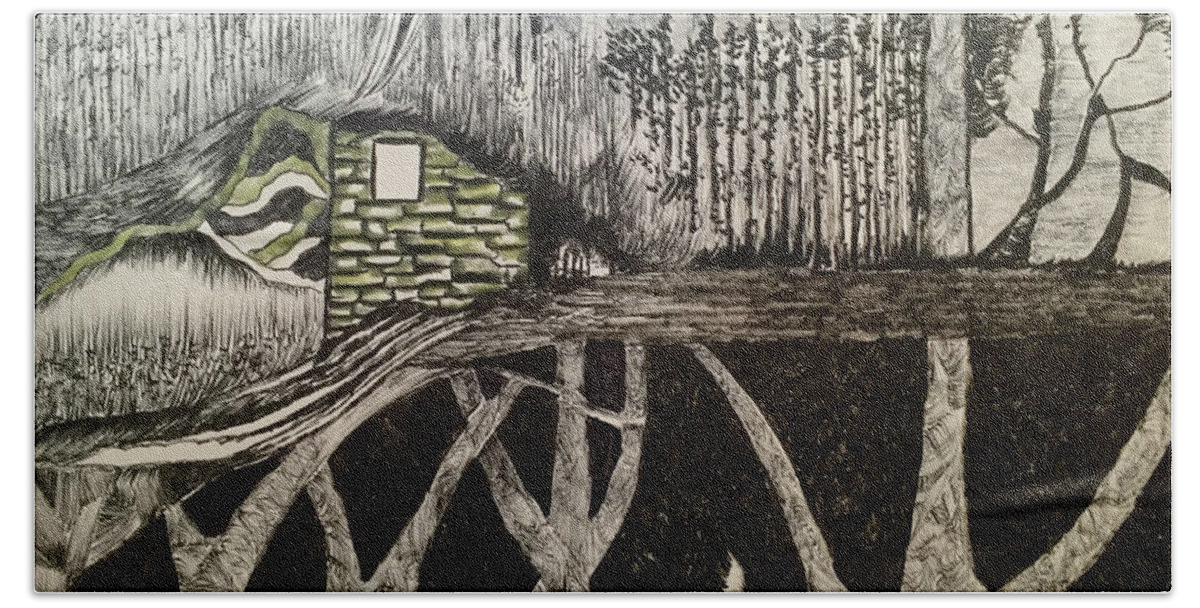 Black And Whitw Beach Towel featuring the drawing Scene elevated by trees by Dennis Ellman