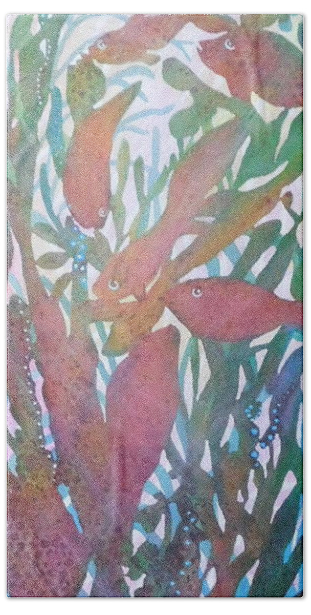 I Used Multiple Layers Of Transparent Acrylic Paint To Represent A School Of Make-believe Fish Swimming In An Imaginary Sea. I Find The Soft Colors Soothing And The 12 X 36 Wrap-around Stretched Canvas Shape Particularly Versatile. Beach Towel featuring the painting School Daze by Joan Clear