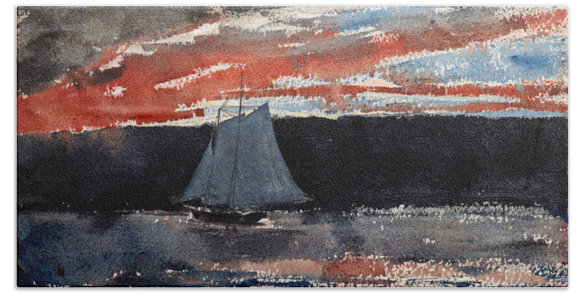 Winslow Homer Beach Towel featuring the drawing Schooner at Sunset by Winslow Homer