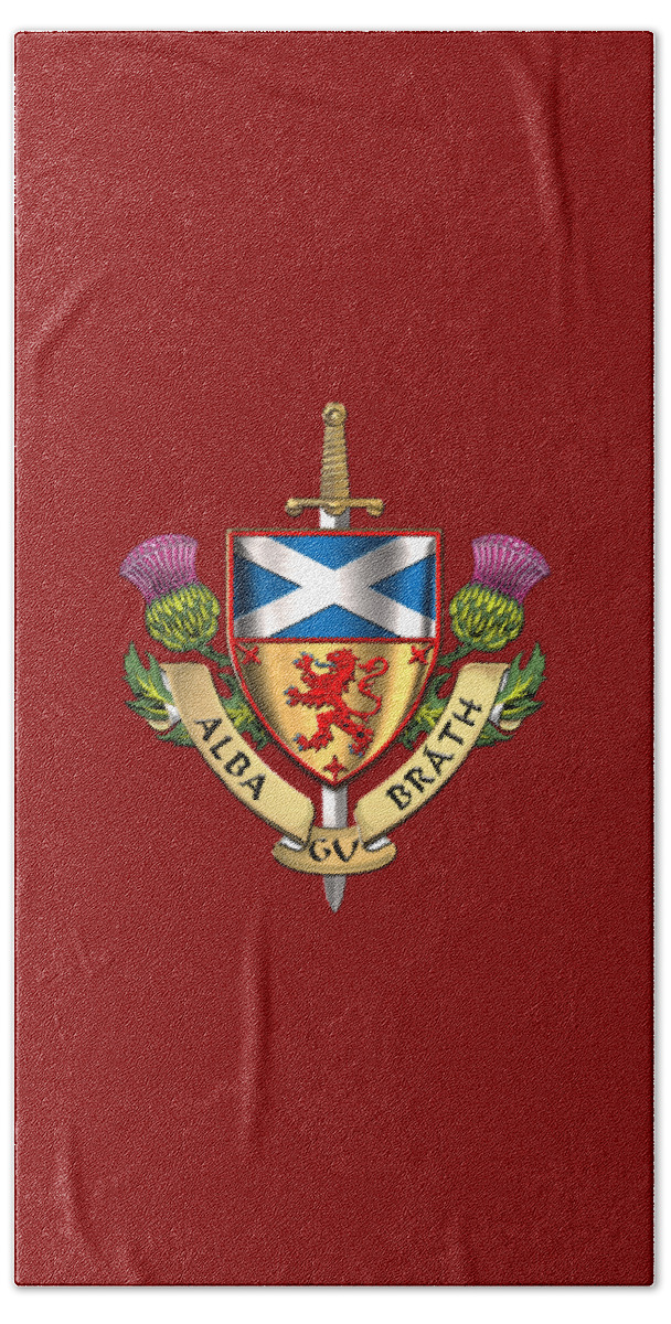 “world Heraldry” Collection Serge Averbukh Beach Towel featuring the digital art Scotland Forever - Alba Gu Brath - Symbols of Scotland over Red Velvet by Serge Averbukh