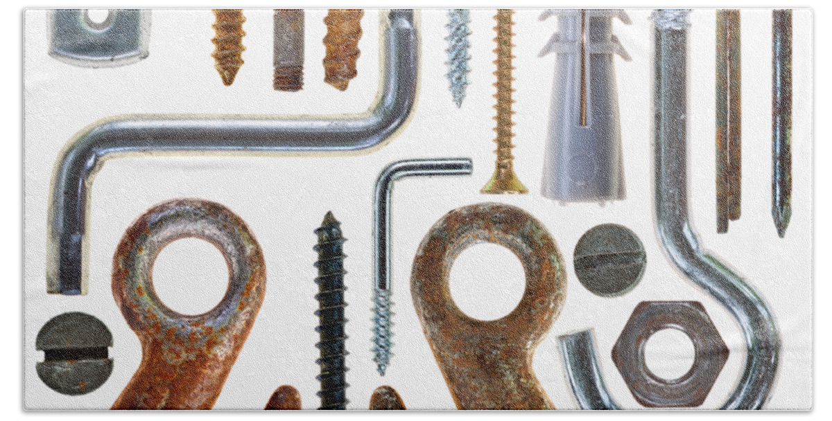 Hook Beach Sheet featuring the photograph Screws, nut bolts, nails and hooks by Michal Boubin