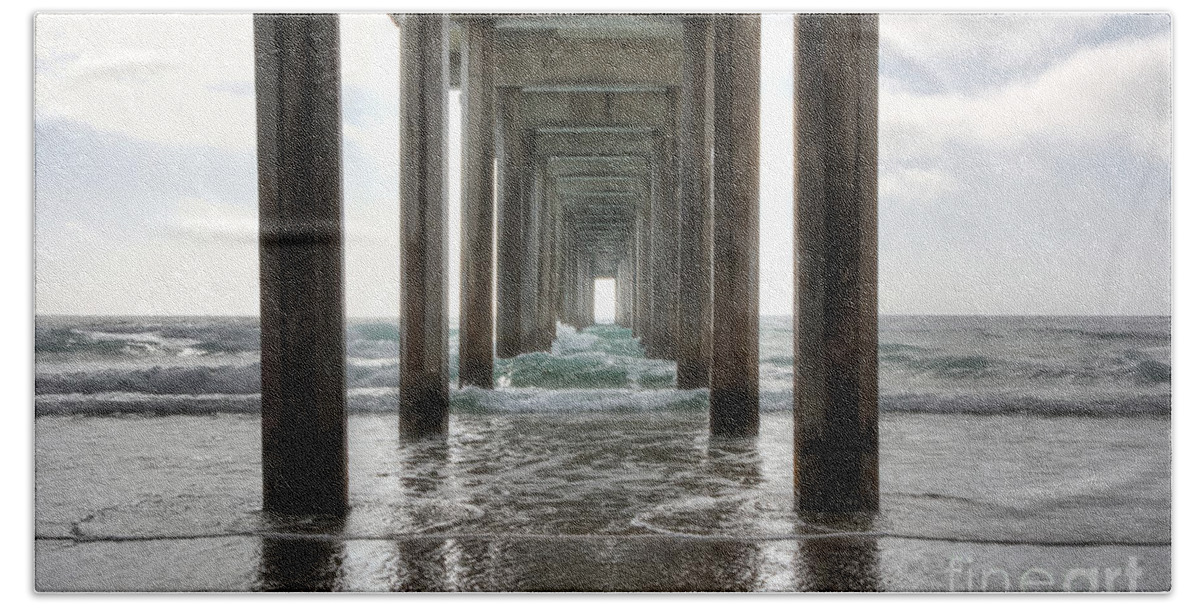 Scripps Beach Towel featuring the photograph Scripps Pier by Eddie Yerkish