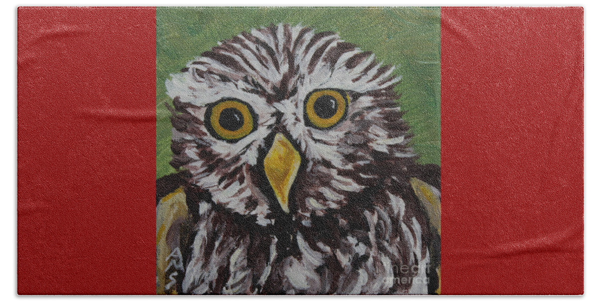 Scruffy Owl By Annette M Stevenson Beach Towel featuring the painting Scruffy Owl by Annette M Stevenson