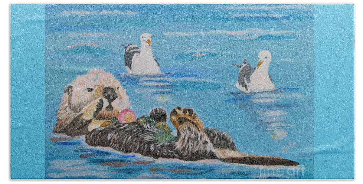 Sea Otter Beach Towel featuring the painting Sea Otter and Guardians by Phyllis Kaltenbach