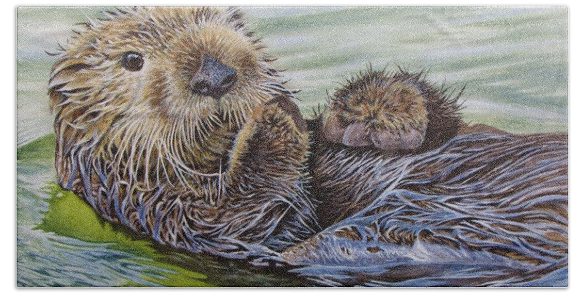 Otter Beach Towel featuring the painting Sea Otter by Greg and Linda Halom