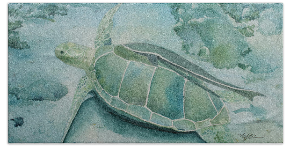 Turtle Beach Sheet featuring the painting Sea Turtle and Friend by Mary Benke