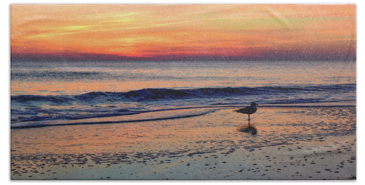 Beach Beach Towel featuring the photograph Seagull at Sunrise by Nicole Lloyd