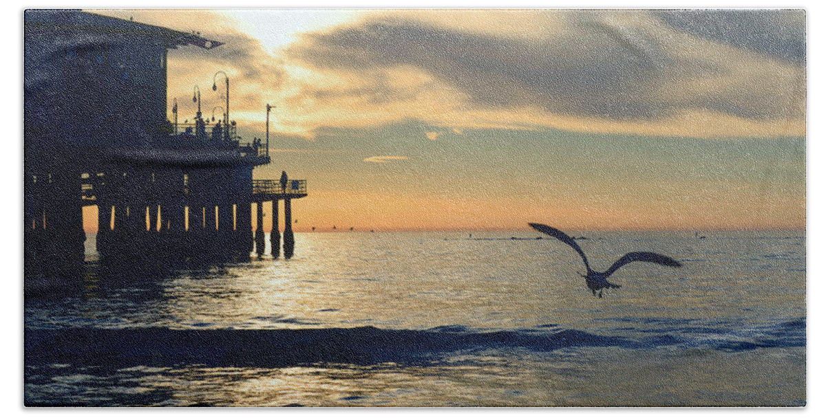 Seagull Beach Sheet featuring the photograph Seagull Pier Sunrise Seascape C2 by Ricardos Creations