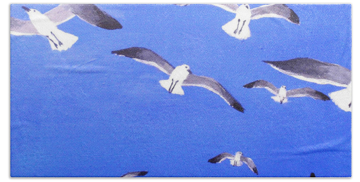 Seagulls Beach Towel featuring the painting Seagulls Overhead by Anne Marie Brown