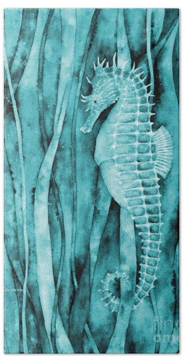 Seahorse Beach Towel featuring the painting Seahorse in Blue by Hailey E Herrera