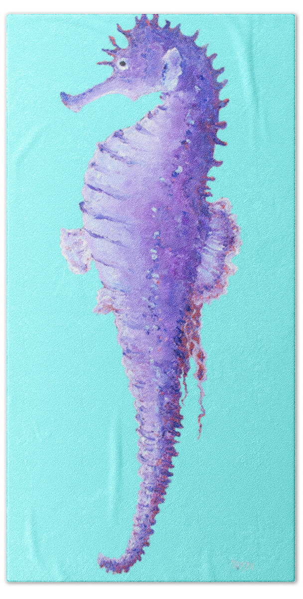 Seahorse Beach Towel featuring the painting Seahorse Painting on Blue background by Jan Matson