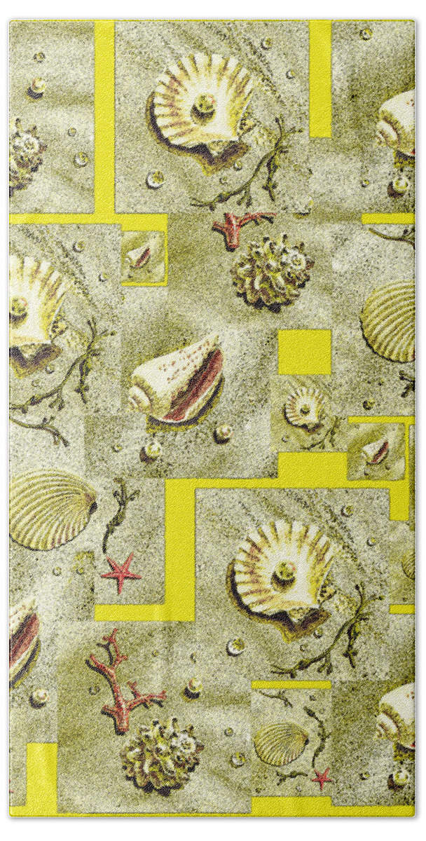 Lemon Yellow Beach Towel featuring the painting Seashells On Lemon Yellow by Irina Sztukowski