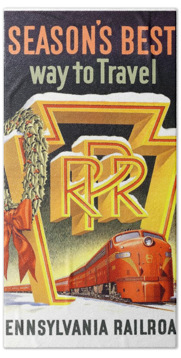 Pennsylvania Beach Towel featuring the mixed media Season's Best Way To Travel, Pennsylvania Railroad - Retro travel Poster - Vintage Poster by Studio Grafiikka