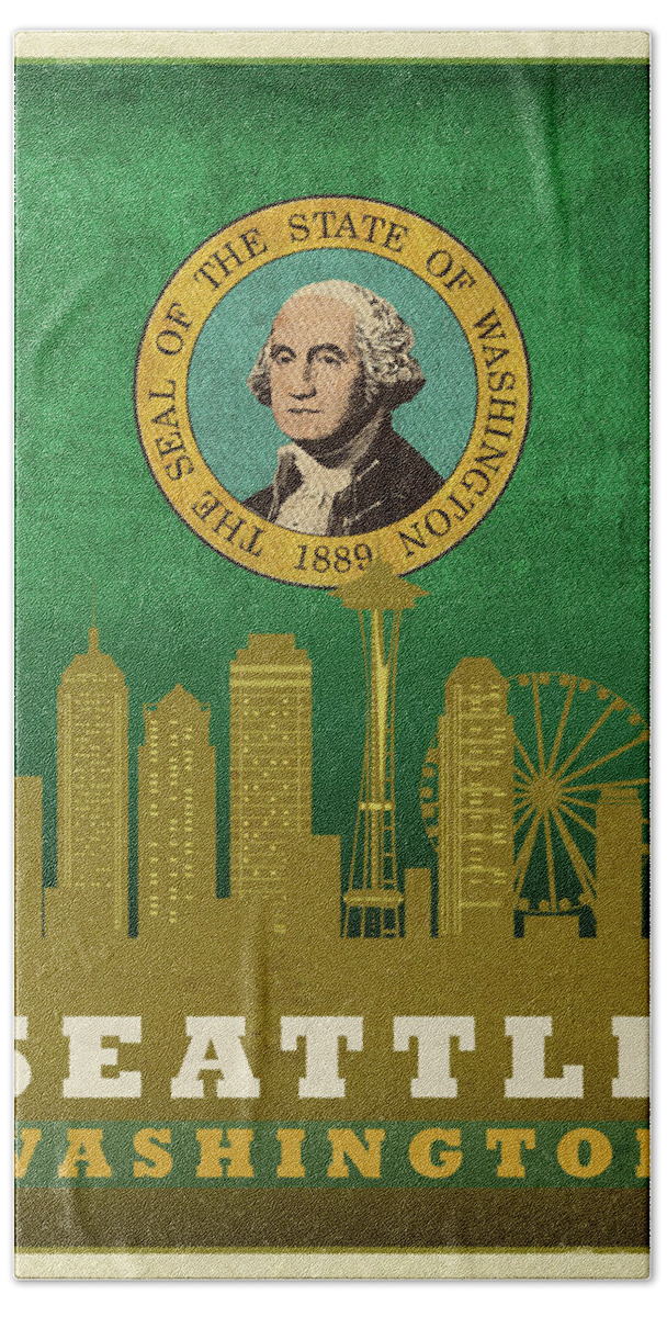 Seattle Beach Towel featuring the mixed media Seattle City Skyline State Flag Of Washington Art Poster Series 017 by Design Turnpike