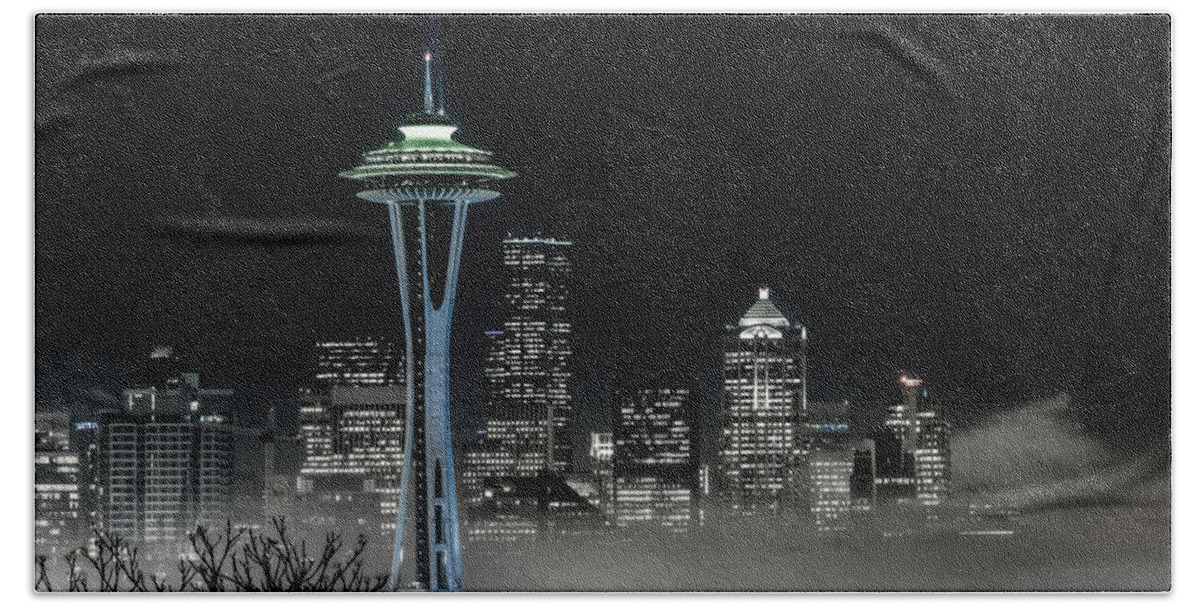 Seattle Beach Sheet featuring the photograph Seattle Foggy Night Lights in BW by Ken Stanback