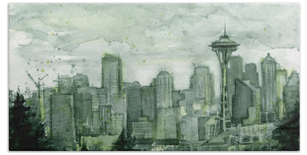 Seattle Beach Towel featuring the painting Seattle Skyline Watercolor Space Needle by Olga Shvartsur