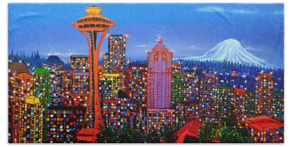  Beach Towel featuring the painting Seattle Space Needle 5 by James Dunbar