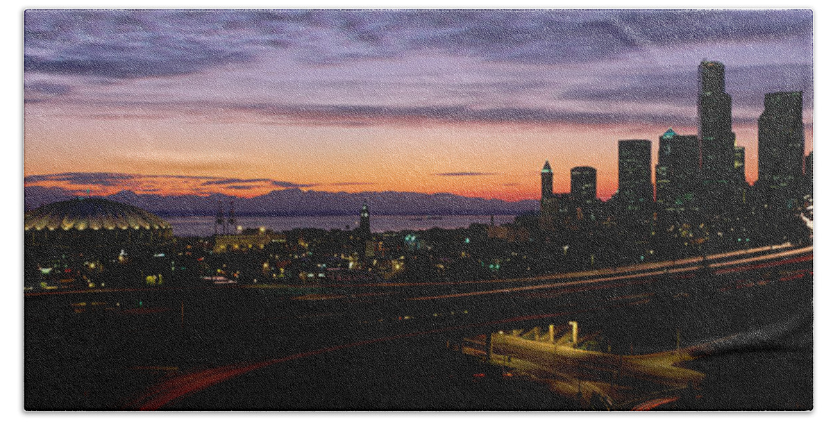 Photography Beach Towel featuring the photograph Seattle, Washington Skyline At Sunset by Panoramic Images