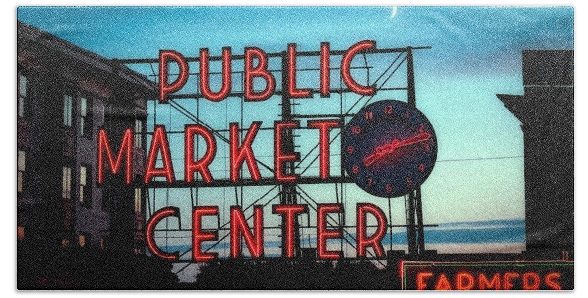 Seattle Beach Towel featuring the photograph Seattle's Public Market Center At Sunset by Mountain Dreams