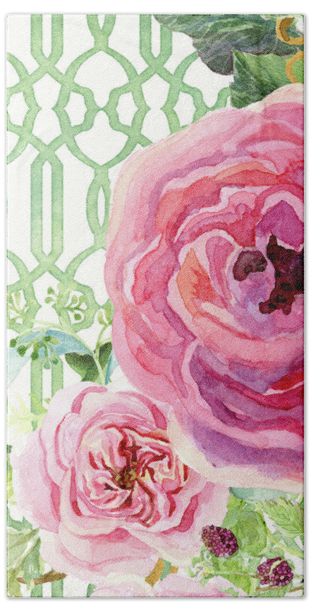 Watercolor On Paper Beach Towel featuring the painting Secret Garden 3 - Pink English roses with Woodsy Fern, Wild Berries, Hops and Trellis by Audrey Jeanne Roberts