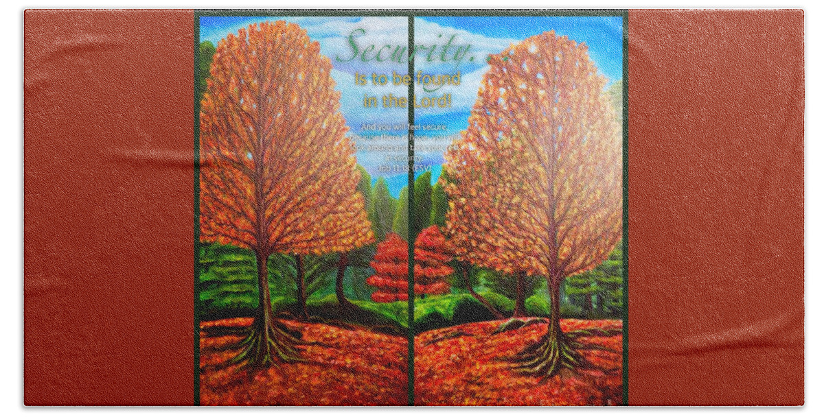 Inspirational Religious Work With Verses Job 11:18 Finding Security And Hope In The Lord Double Almost Mirror Image Of Red Maple Tree In Autumn Or Fall Painted From A Photo By Debbie Portwood Evergreen Trees In Background Deciduous Trees Leaves Shed On Ground Beneath Canopy Of Trees Digital Wording Acrylic Painting Beach Towel featuring the painting Security... Is to Be Found in the Lord by Kimberlee Baxter