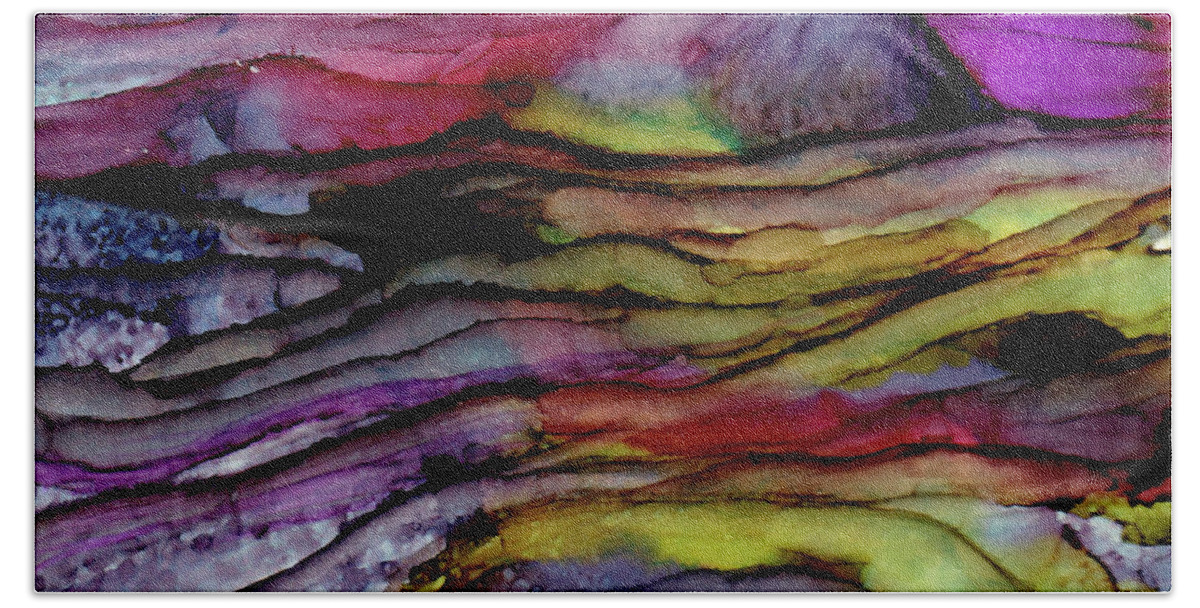 Abstract Colorful Fantasy Purple Red Green Igneous Sediment Mystical Beach Towel featuring the painting Sedimental Journey by Brenda Salamone