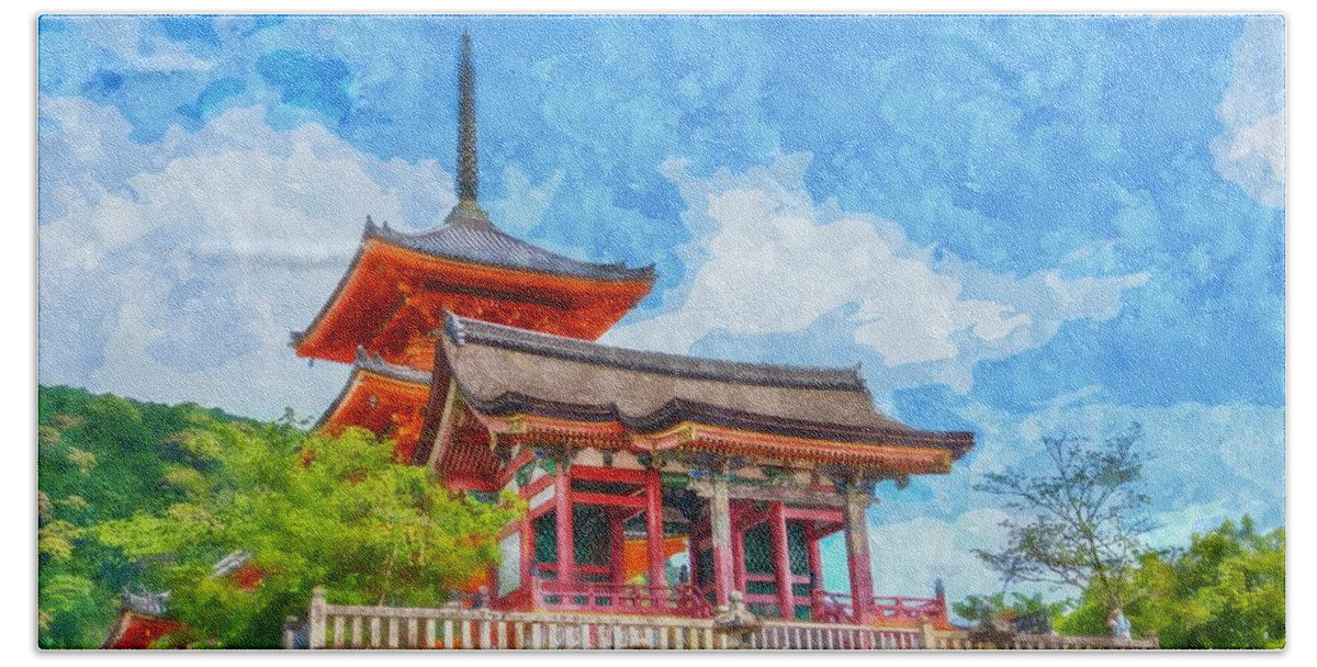 Nature Beach Towel featuring the painting Senso Ji Temple Kyoto Japan by Celestial Images