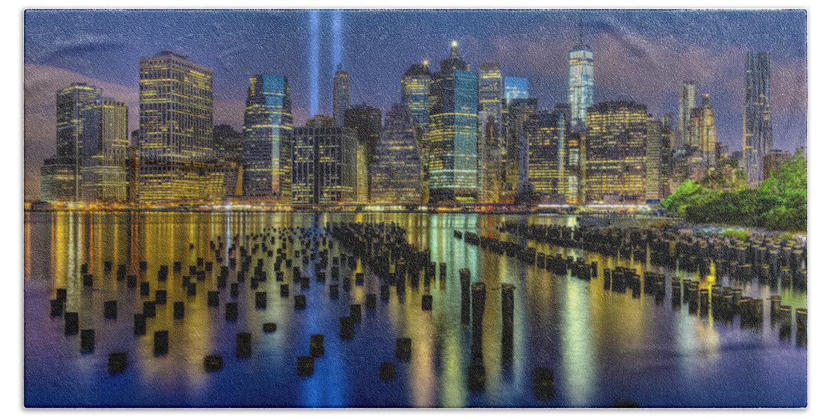 World Trade Center Beach Towel featuring the photograph September 11 NYC Tribute by Susan Candelario