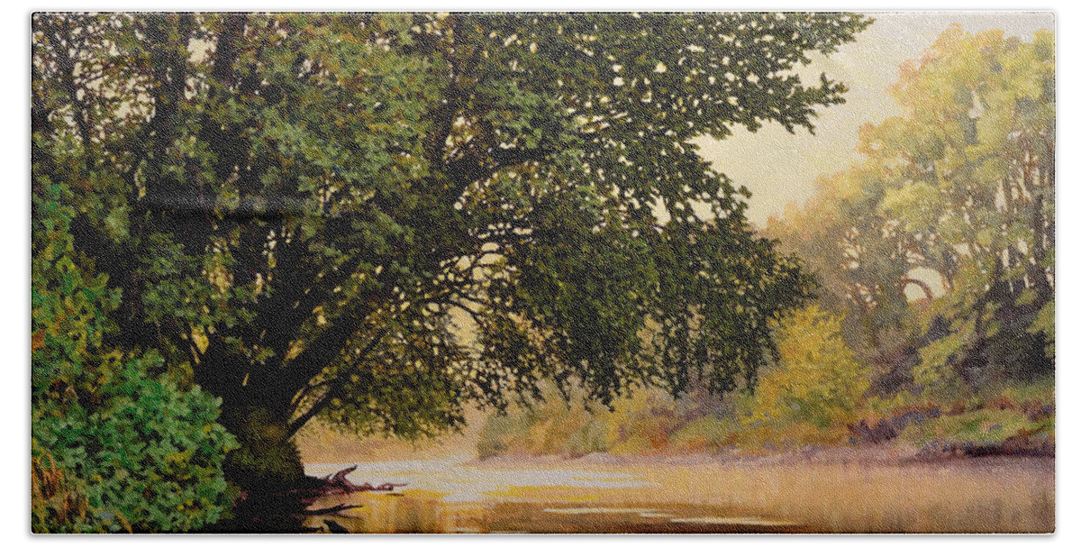 Landscape Beach Towel featuring the painting September Dawn, Little Sioux River - studio painting by Bruce Morrison
