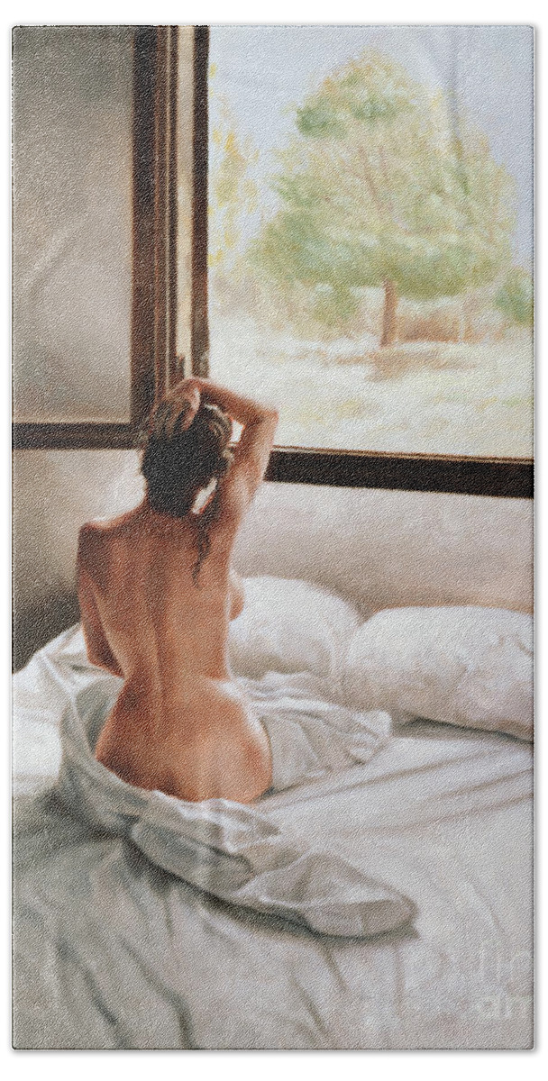Bed; Waking Up; Female; Woman; Nude; Bedsheets; Sheets; Window; View; Tree Beach Towel featuring the painting September Morning by John Worthington