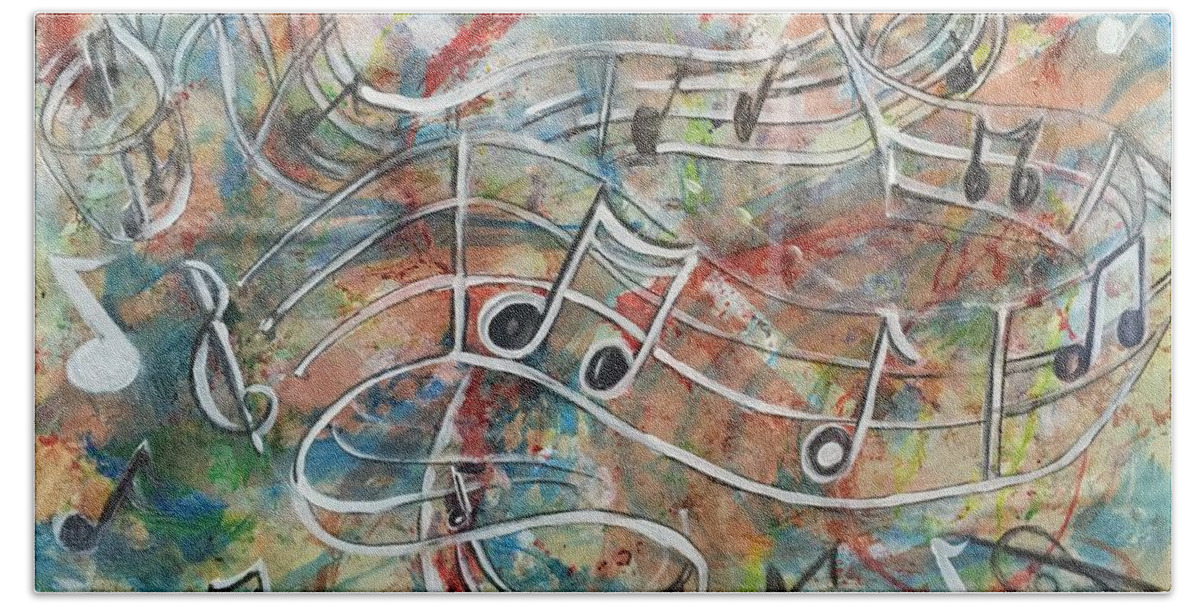 Let The Music Flow. Musical Abstract Beach Sheet featuring the mixed media Serendipity by Charme Curtin