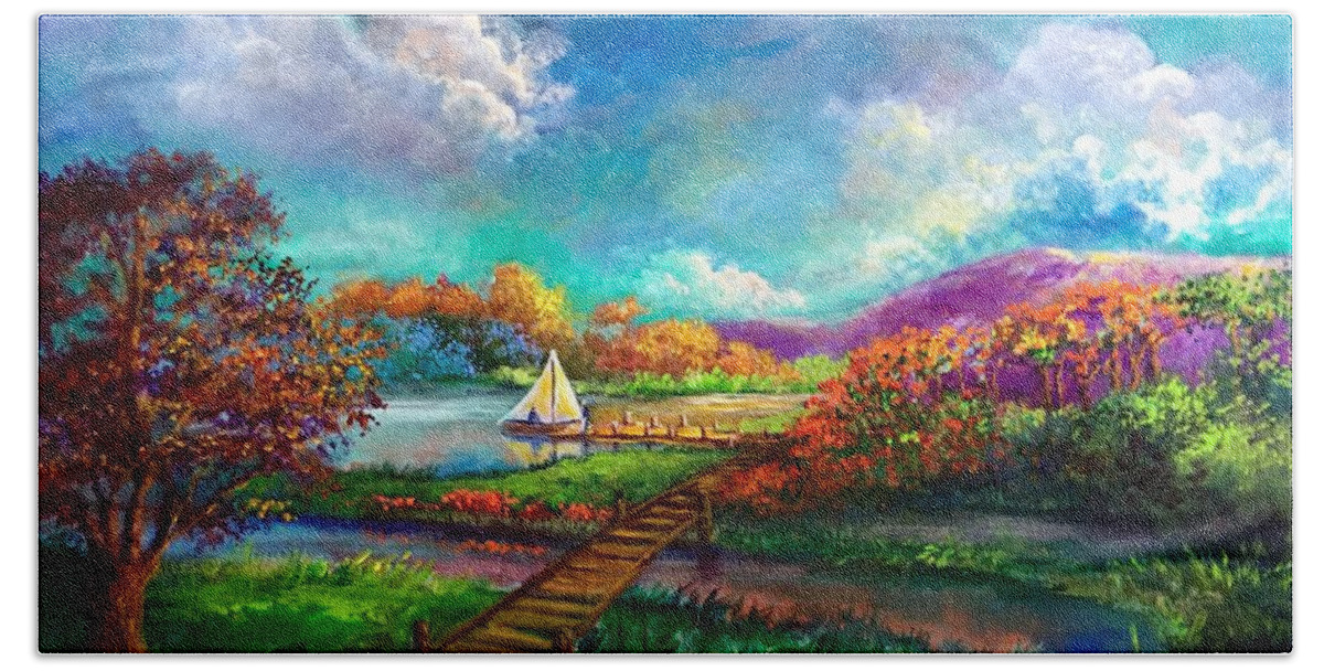 Sailboats Beach Towel featuring the painting Serenely Sailing/Navegando Serenamente by Rand Burns