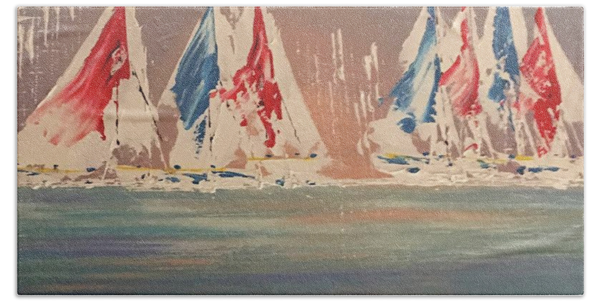 Impressionistic Beach Towel featuring the painting Seven Sails to Win by George Riney