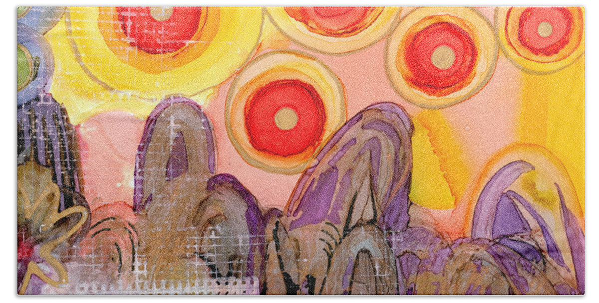 Abstract Beach Towel featuring the painting Seven Suns by Vicki Baun Barry