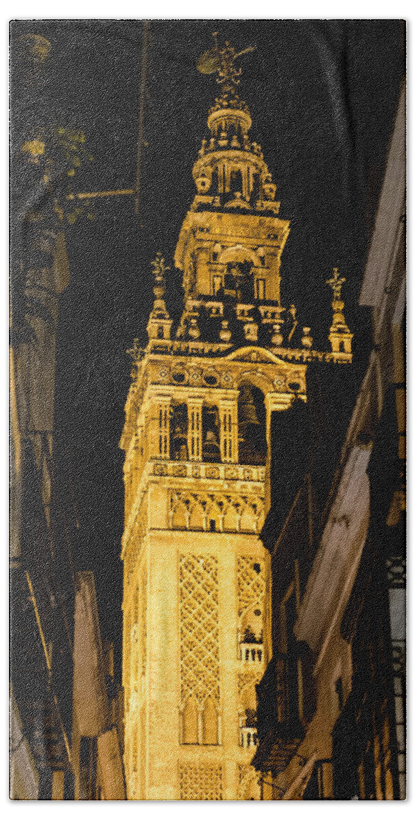 Cathedral Beach Sheet featuring the photograph Seville - The Giralda at night by AM FineArtPrints