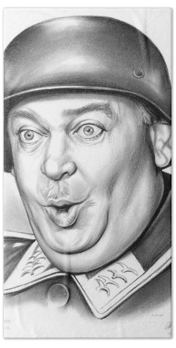 Sgt. Schultz Beach Towel featuring the drawing Sgt Schultz by Greg Joens