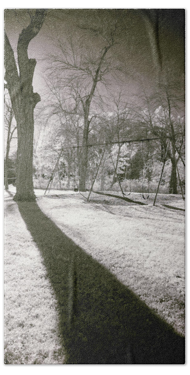 Shadow Shadows Swingset Swings Swing Set Play Ground Playground Park Public Outside Outdoors Nature Ir Infrared Infra Red Nanometer Brian Hale Brianhalephoto Hudson Ma Mass Massachusetts Sun Sky Trees Tree Beach Towel featuring the photograph Shadow of a Memory by Brian Hale