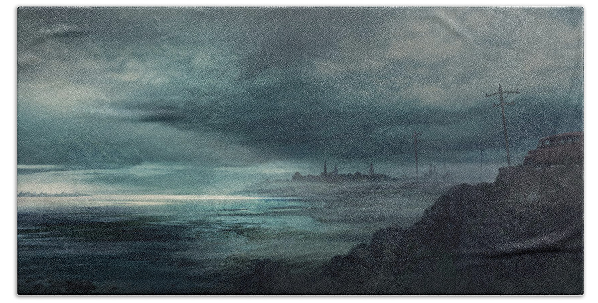 Lovecraft Beach Towel featuring the painting Shadow over Innsmouth by Guillem H Pongiluppi
