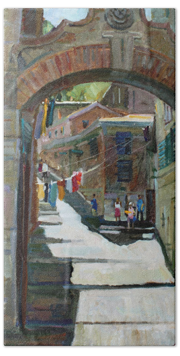 Landscape Beach Towel featuring the painting Shadows the old town by Juliya Zhukova