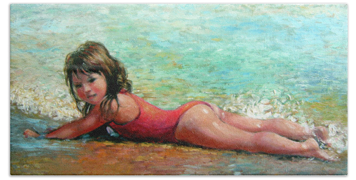 Child In Surf Beach Towel featuring the painting Shallow Surf by Marie Witte