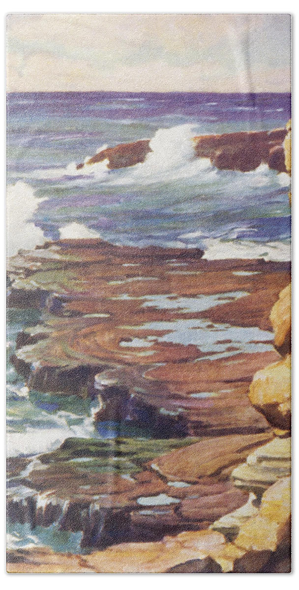1936 Beach Towel featuring the painting Sharp Rocky Coastline by Hawaiian Legacy Archive - Printscapes