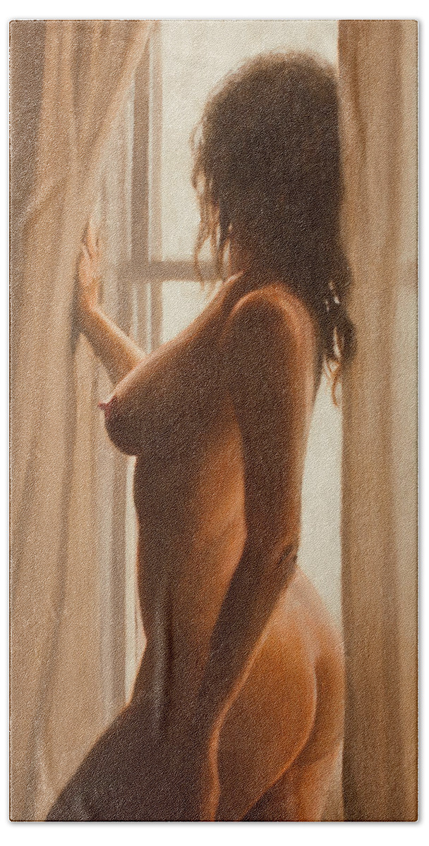 Sensual Beach Towel featuring the painting She waits by John Silver