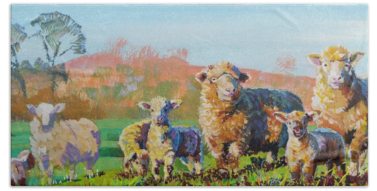 Sheep Beach Towel featuring the painting Sheep and Lambs in Devon Landscape Bright Colors by Mike Jory