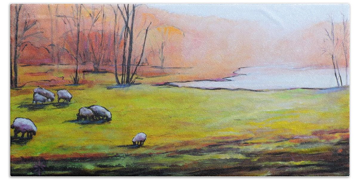 Farmland Beach Sheet featuring the painting Sheep In Pasture by Jodie Marie Anne Richardson Traugott     aka jm-ART